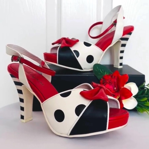 Lola Ramona Shoes - LOLA RAMONA ~ Chic Red, White and Black Polka Dot Striped 4” Heels size 9-9.5
